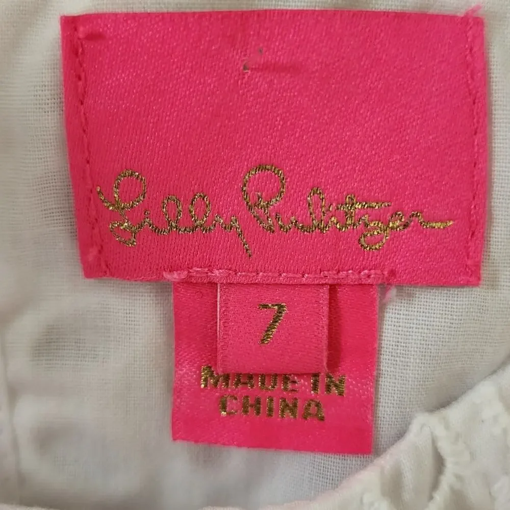 Lilly Pulitzer Girl's Size 7 Mini Pearl Shift White Flower Eyelet Pattern Dress